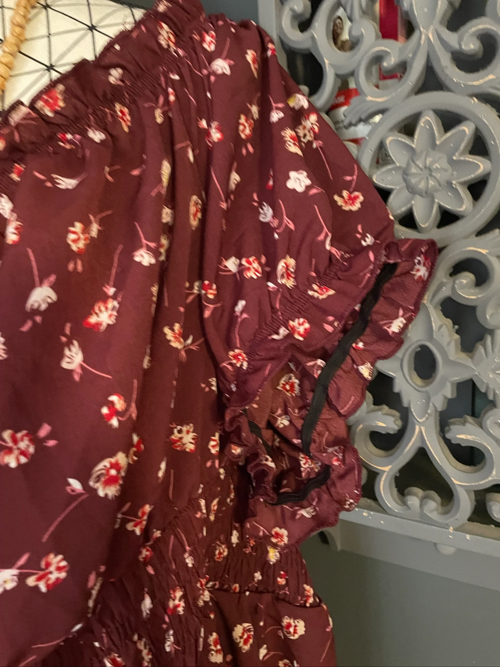 💖 bordeaux bloemenjurk grote maat 50 vloeiende bohemien romantische pofmouwen 💖 – photo 4